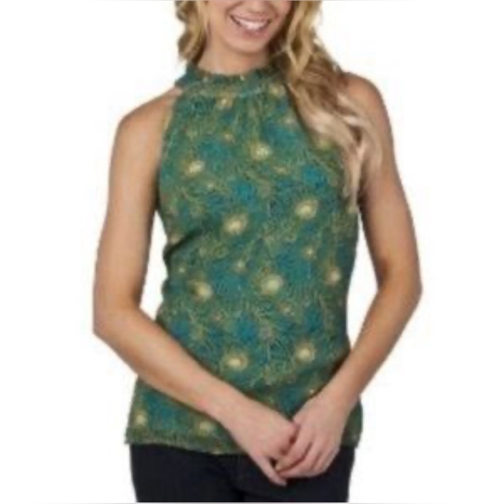 Liberty of London Sleeveless Top Peacock Feather Print With Ruffled Collar XS